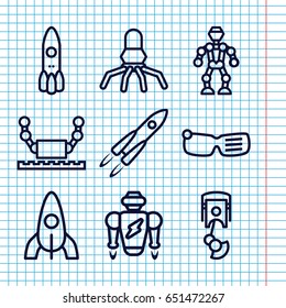 Set of 9 futuristic outline icons such as rocket, robot arm, robot