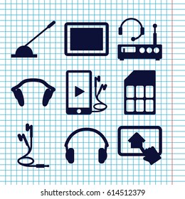 Set of 9 gadget filled icons such as tablet, arm lever, phone and earphones, earphones, home on tablet, memory card