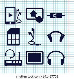 Set of 9 gadget filled icons such as tablet, phone and earphones, earphones, home on tablet, memory card, listening device