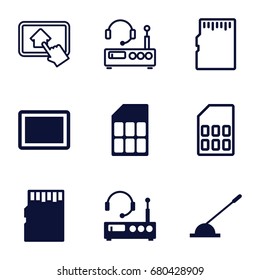 set of 9 gadget filled and outline icons such as tablet, arm lever, memory card, listening device