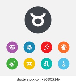 Set Of 9 Galaxy Icons Set.Collection Of Horoscope, Crab, Twins And Other Elements.