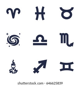 Set Of 9 Galaxy Icons Set.Collection Of Zodiac Sign, Fishes, Bull And Other Elements.