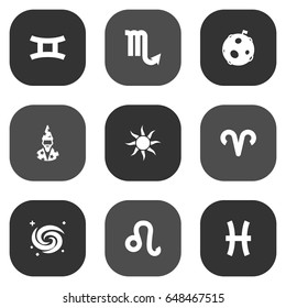 Set Of 9 Galaxy Icons Set.Collection Of Augur, Zodiac Sign, Fishes And Other Elements.