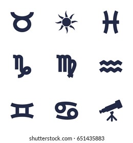 Set Of 9 Galaxy Icons Set.Collection Of Twins, Virgin, Binoculars And Other Elements.