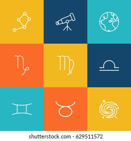Set Of 9 Galaxy Outline Icons Set.Collection Of Taurus, Telescope, Gemini And Other Elements.