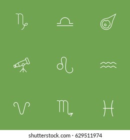 Set Of 9 Galaxy Outline Icons Set.Collection Of Aqurius, Scorpion, Telescope And Other Elements.