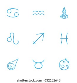 Set Of 9 Galaxy Outline Icons Set.Collection Of Pisces, Cancer, Moon And Other Elements.