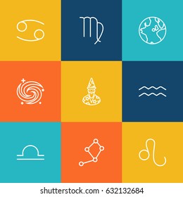 Set Of 9 Galaxy Outline Icons Set.Collection Of Cancer, Libra, Leo And Other Elements.