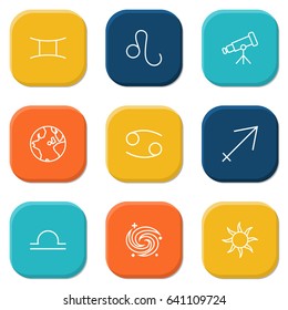 Set Of 9 Galaxy Outline Icons Set.Collection Of Libra, Cancer, Telescope And Other Elements.