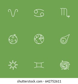 Set Of 9 Galaxy Outline Icons Set.Collection Of Asteroid, Globe, Gemini And Other Elements.