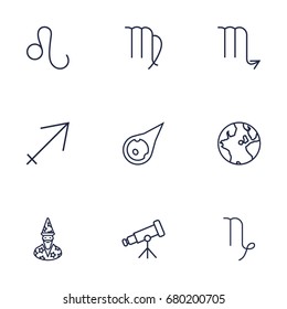 Set Of 9 Galaxy Outline Icons Set.Collection Of Sagittarius, Virgo, Globe And Other Elements.