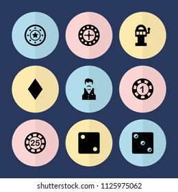 Set of 9 gamble filled icons such as diamonds, roulette, 1 casino chip, 25 casino chip, dice