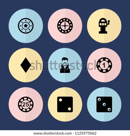 Set of 9 gamble filled icons such as diamonds, roulette, 1 casino chip, 25 casino chip, dice