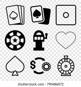 Set of 9 gamble filled and outline icons such as slot machine, pllaying card, spades, dice, roulette, casino chip and money, casino chip