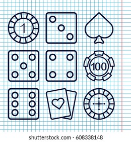 Set of 9 gamble outline icons such as Spades, Roulette, 1 casino chip, 100 casino chip, Dice