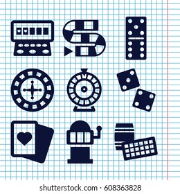 Set of 9 gambling filled icons such as Roulette, domino, Spades, Slot machine, dice, dice game