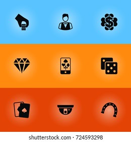 Set Of 9 Gambling Icons Set.Collection Of Brilliant, Playing Cards, Gambling Cube And Other Elements.