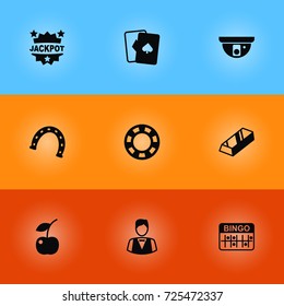 Set Of 9 Gambling Icons Set.Collection Of Bullion, Win, Playing Cards And Other Elements.