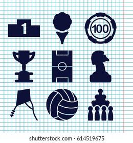 Set of 9 game filled icons such as 100 casino chip, football pitch, volleyball, kite, ranking, chess horse, bowling, golf