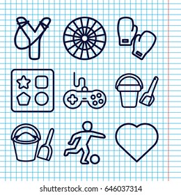 Set of 9 game outline icons such as joystick, bucket toy for beach, from toy for beach, hearts, bucket and shovel, football player, boxing gloves, sligshot