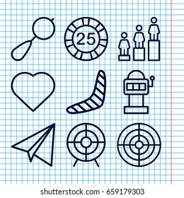 Set of 9 game outline icons such as beanbag, boomerang, paper airplane, hearts, 25 casino chip, ranking, target
