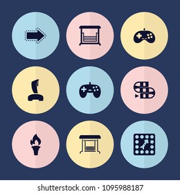 Set of 9 games filled icons such as joystick, swing, board game, torch