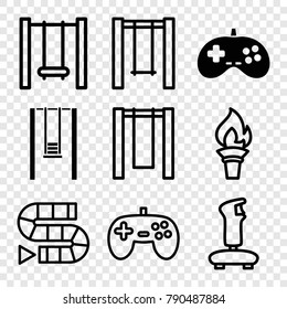 Set of 9 games filled and outline icons such as joystick, dice game, swing