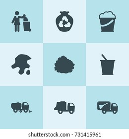 Set of 9 garbage filled icons such as bucket, garbage