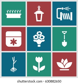 set of 9 garden filled icons such as flower, shovel, water hose, plant in pot, street lamp, sprout