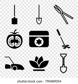 Set of 9 garden filled and outline icons such as flower, lawn mower, shovel, garden tools, gardening tool