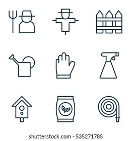 Set Of 9 Garden Icons. Includes Bailer, Grains, Sprinkler And Other Symbols. Beautiful Design Elements.