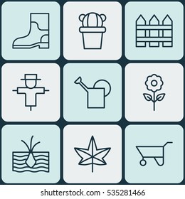 Set Of 9 Garden Icons. Includes Bailer, Barrier, Growing Plant And Other Symbols. Beautiful Design Elements.
