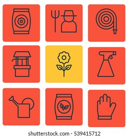 Set Of 9 Garden Icons. Includes Grains, Protection Mitt, Fire Tube And Other Symbols. Beautiful Design Elements.