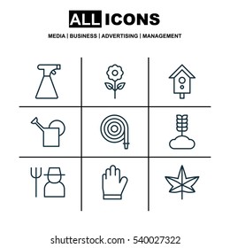 Set Of 9 Garden Icons. Includes Protection Mitt, Decorative Plant, Birdhouse And Other Symbols. Beautiful Design Elements.