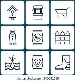 Set Of 9 Garden Icons. Includes Wheelbarrow, Garden Clothes, Water Source And Other Symbols. Beautiful Design Elements.