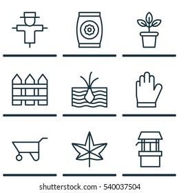 Set Of 9 Garden Icons. Includes Fertilizer, Protection Mitt, Bugbear And Other Symbols. Beautiful Design Elements.