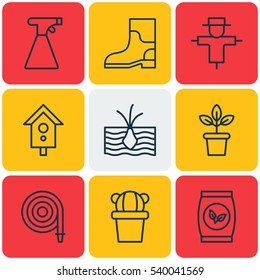Set Of 9 Garden Icons. Includes Growing Plant, Rubber Boot, Bugbear And Other Symbols. Beautiful Design Elements.