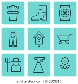 Set Of 9 Garden Icons. Includes Desert Plant, Wheelbarrow, Grower And Other Symbols. Beautiful Design Elements.