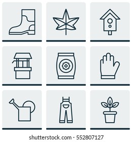 Set Of 9 Garden Icons. Includes Rubber Boot, Flowerpot, Autumn Plant And Other Symbols. Beautiful Design Elements.