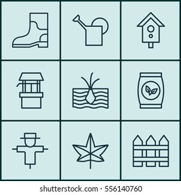Set Of 9 Garden Icons. Includes Rubber Boot, Autumn Plant, Growing Plant And Other Symbols. Beautiful Design Elements.