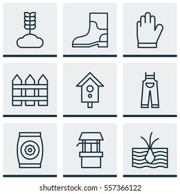 Set Of 9 Garden Icons. Includes Rubber Boot, Water Source, Fertilizer And Other Symbols. Beautiful Design Elements.