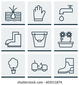 Set Of 9 Garden Icons. Includes Spigot, Agrimotor, Growing Plant And Other Symbols. Beautiful Design Elements.