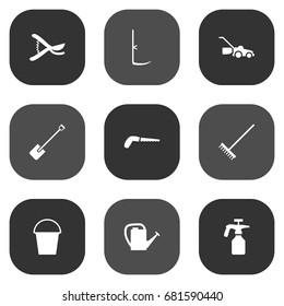 Set Of 9 garden Icons Set.Collection Of Cutter, Bucket, Hacksaw And Other Elements.