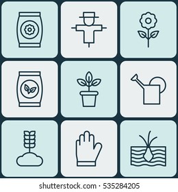 Set Of 9 Gardening Icons. Includes Cereal, Decorative Plant, Flowerpot And Other Symbols. Beautiful Design Elements.