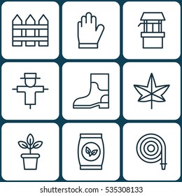 Set Of 9 Gardening Icons. Includes Fire Tube, Flowerpot, Protection Mitt And Other Symbols. Beautiful Design Elements.