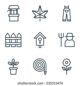 Set Of 9 Gardening Icons. Includes Birdhouse, Garden Clothes, Water Source And Other Symbols. Beautiful Design Elements.