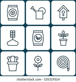 Set Of 9 Gardening Icons. Includes Fertilizer, Decorative Plant, Bailer And Other Symbols. Beautiful Design Elements.