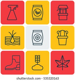 Set Of 9 Gardening Icons. Includes Water Source, Sprinkler, Rubber Boot And Other Symbols. Beautiful Design Elements.