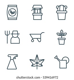 Set Of 9 Gardening Icons. Includes Bailer, Flowerpot, Sprinkler And Other Symbols. Beautiful Design Elements.