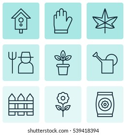Set Of 9 Gardening Icons. Includes Fertilizer, Grower, Decorative Plant And Other Symbols. Beautiful Design Elements.